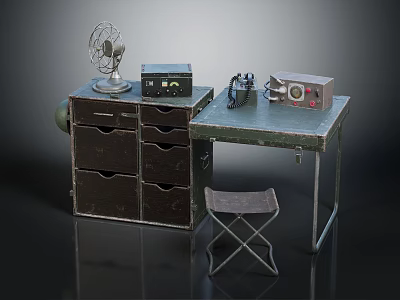 Vintage Television Display On Retro Desk With Fan Radio Camera Drawer Cabinet And Stool Setup 3d model