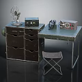 Vintage Television Display On Retro Desk With Fan Radio Camera Drawer Cabinet And Stool Setup