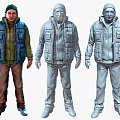 Hooded Man In Blue Vest Green Long Sleeve Shirt And Brown Pants With Multiple Pockets