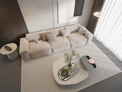 Modern Three Seater Sofa With Decorative Pillows In Bright Minimalist Living Room 3d model