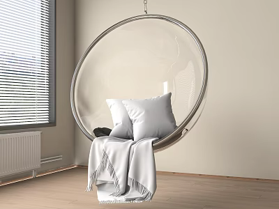 Transparent Acrylic Hanging Chair With White Cushions And Blanket In Living Room 3d model