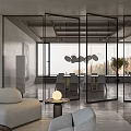 Modern Living and Dining Room Interior Design With Glass Partitions Large Windows And Pendant Lights