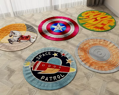 Round Rugs Featuring Diverse Patterns Like Cartoon Spaceship Hero and Spiral Designs 3d model