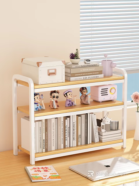 Cozy Study Room Shelf Unit With Stack Of Books White Box Pink Radio And Figurines 3d model 