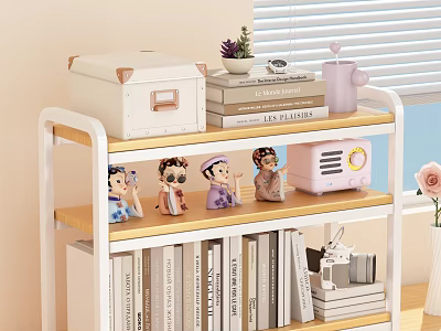 Cozy Study Room Shelf Unit With Stack Of Books White Box Pink Radio And Figurines 3d model