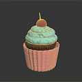 Blue Frosting Cupcake With Pink Liner And Red Cherry On Reflective Surface