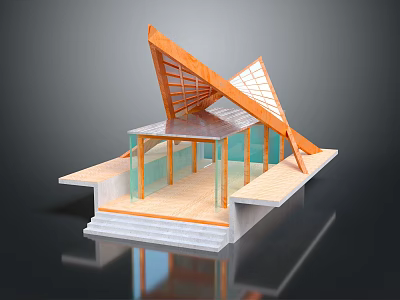 Modern Architectural Model Featuring Triangular Wooden Roof And Glass Elements With Steps 3d model