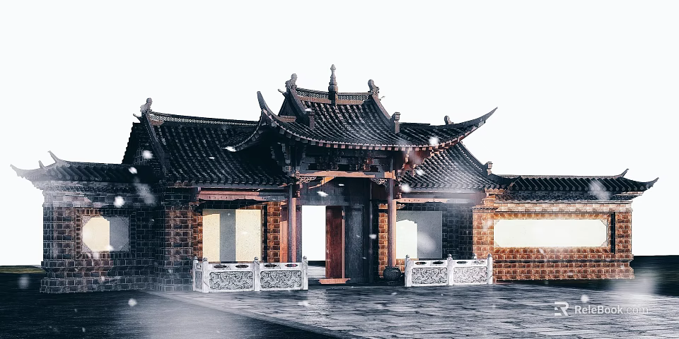 Traditional Chinese Entrance Gate With Overhanging Eaves Tiled Roof White Carved Railings and Snowflakes 3d model 