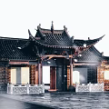 Traditional Chinese Entrance Gate With Overhanging Eaves Tiled Roof White Carved Railings and Snowflakes