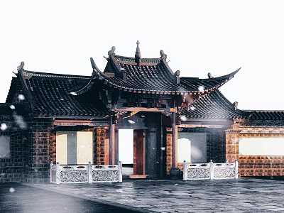 Traditional Chinese Entrance Gate With Overhanging Eaves Tiled Roof White Carved Railings and Snowflakes 3d model