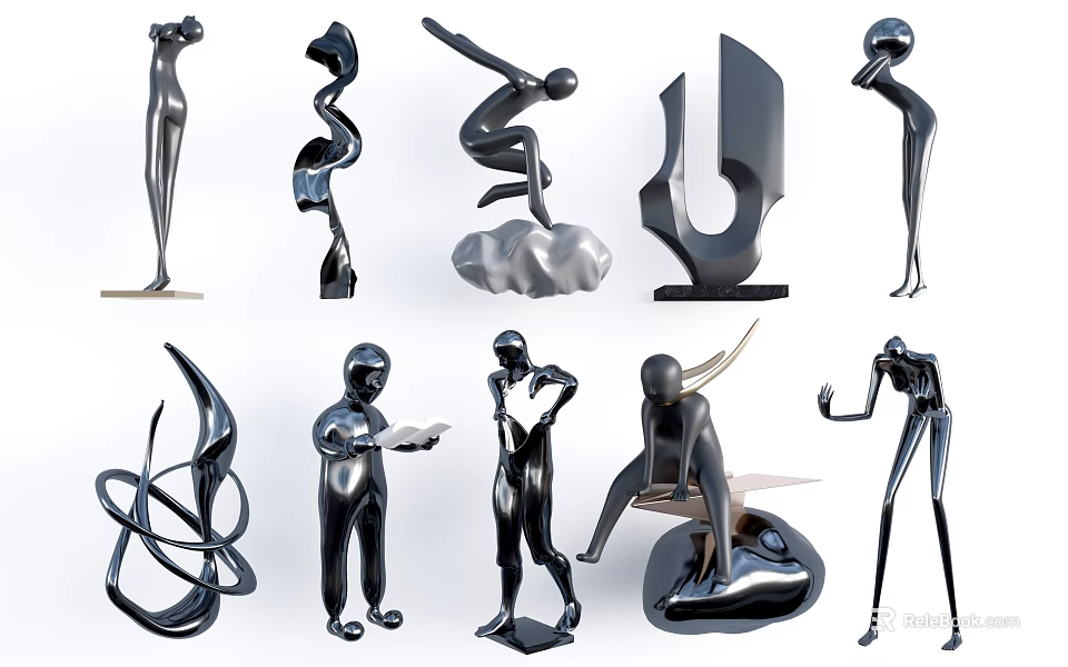Modern Black Sculptures With Various Human Figures And Abstract Shapes 3d model 