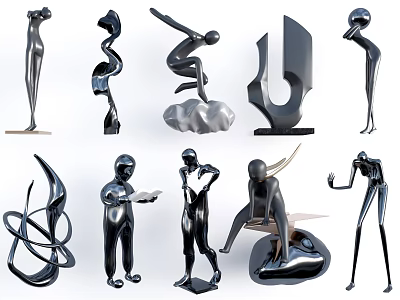 Modern Black Sculptures With Various Human Figures And Abstract Shapes 3d model
