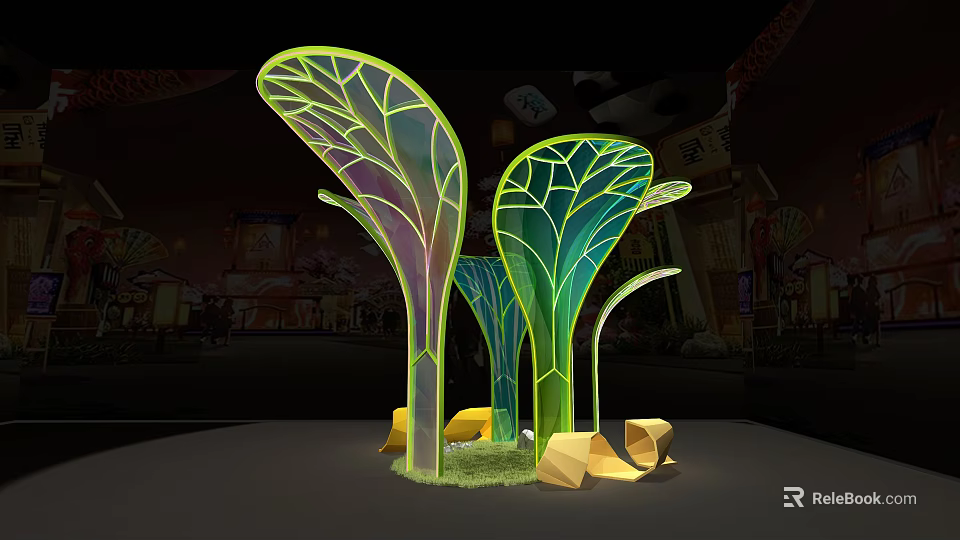 Colorful Leaf Shaped Glowing Light Installation With Yellow Stones And Grass 3d model 