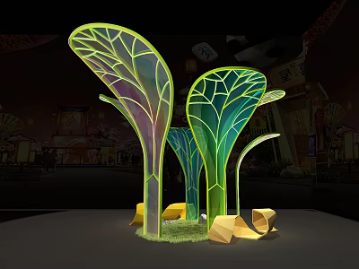 Colorful Leaf Shaped Glowing Light Installation With Yellow Stones And Grass 3d model