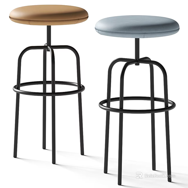 Modern Bar Stools With Black Metal Frame And Round Wooden Upholstered Seats 3d model 