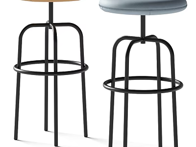 Modern Bar Stools With Black Metal Frame And Round Wooden Upholstered Seats 3d model