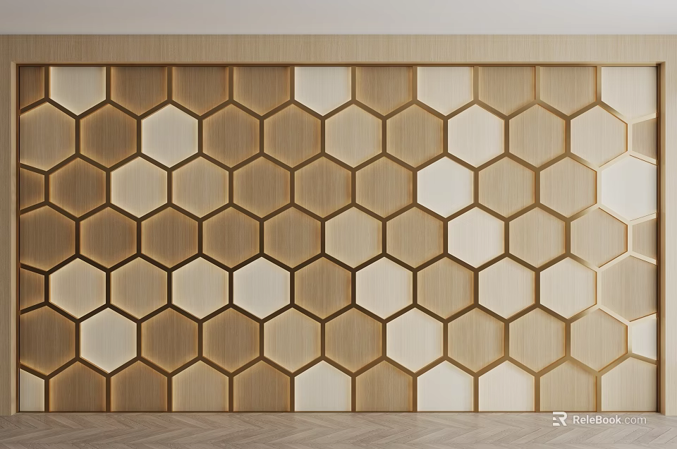 Modern Sofa Background Wall With Hexagonal Wooden And Light Panels 3d model 