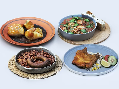 Assorted Delicious Food Plates Including Roasted Chicken Stew Beans Sausage and Bread Rolls 3d model