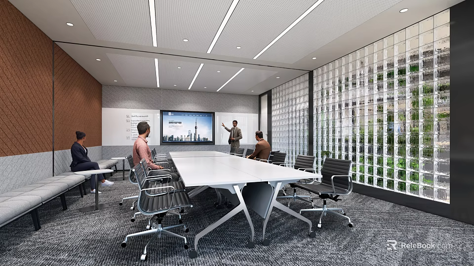 Modern Conference Room Interior With Large Meeting Table Chairs Projection Screen And Glass Wall 3d model 