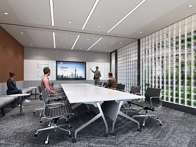 Modern Conference Room Interior With Large Meeting Table Chairs Projection Screen And Glass Wall 3d model