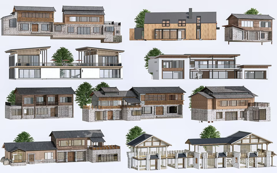Diverse Guesthouse Architecture With Traditional Roofs Modern Wooden Exteriors And Window Designs 3d model 