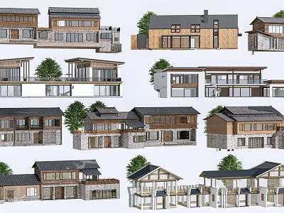 Diverse Guesthouse Architecture With Traditional Roofs Modern Wooden Exteriors And Window Designs 3d model