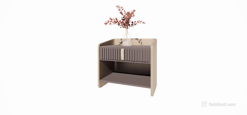 Modern Bedside Table with Striped Drawer Open Shelf and Vase of Flowers 3d model 