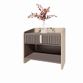 Modern Bedside Table with Striped Drawer Open Shelf and Vase of Flowers