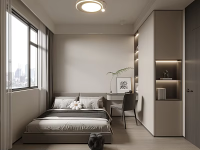 Modern Bedroom Interior With Gray Bedding Window Desk Chair And Cabinet 3d model