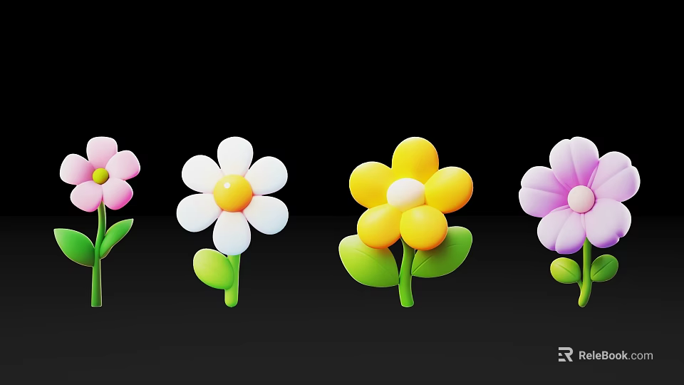 Vibrant Colorful Flower Photo Spot With Pink White Yellow Purple Blooms And Green Stems 3d model 