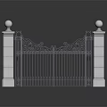 Architectural Wrought Iron Gate With White Pillars Top Spheres And Decorative Patterns
