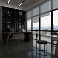 Modern Office Interior Design With Large Windows City View Desk Chairs And Shelving