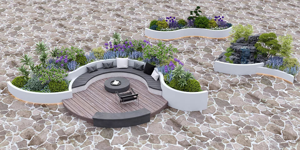 Creative Garden Decor Featuring Circular Wooden Deck Sofa Seating Fire Pit Purple Flowers And Greenery 3d model 