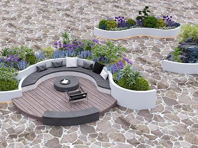Creative Garden Decor Featuring Circular Wooden Deck Sofa Seating Fire Pit Purple Flowers And Greenery 3d model