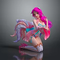 Fantasy Game Female Character With Pink Hair And Decorative Ribbons In Kneeling Pose