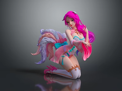 Fantasy Game Female Character With Pink Hair And Decorative Ribbons In Kneeling Pose 3d model