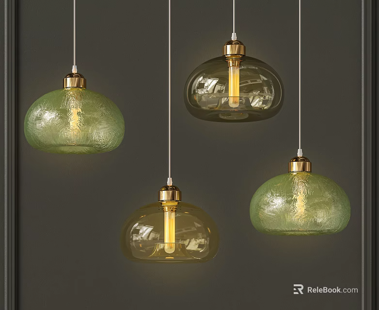 Modern Glass Pendant Lights With Green Clear Shades And Brass Finishes Hanging Ceiling 3d model 