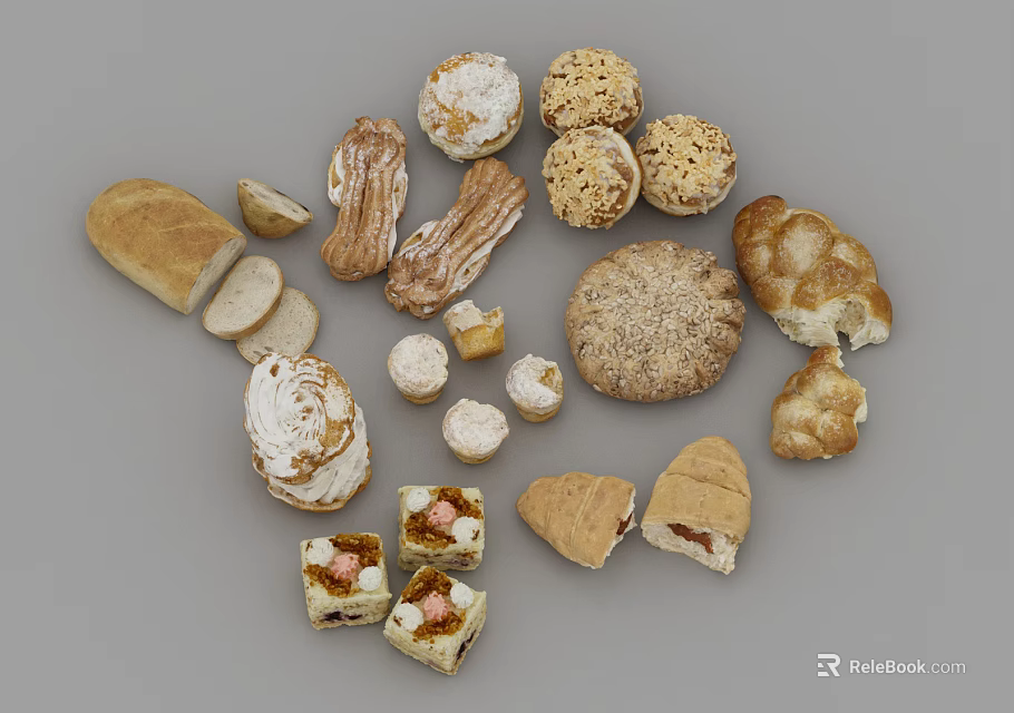 Assorted Bread And Pastries Including Baguette Round Loaves Croissants Small Cakes On Gray Background 3d model 