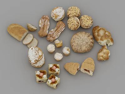 Assorted Bread And Pastries Including Baguette Round Loaves Croissants Small Cakes On Gray Background 3d model