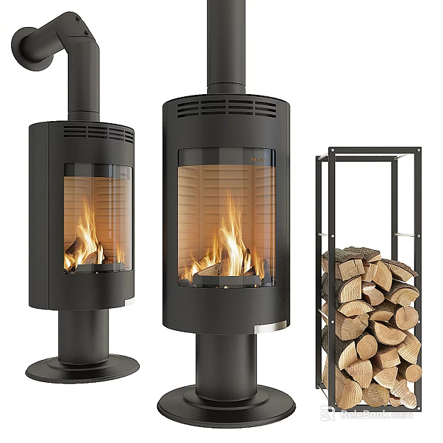Modern Black Fireplace With Glass Door And Flame Next To Metal Rack With Stacked Firewood 3d model 