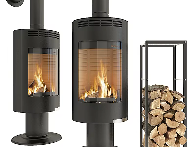 Modern Black Fireplace With Glass Door And Flame Next To Metal Rack With Stacked Firewood 3d model