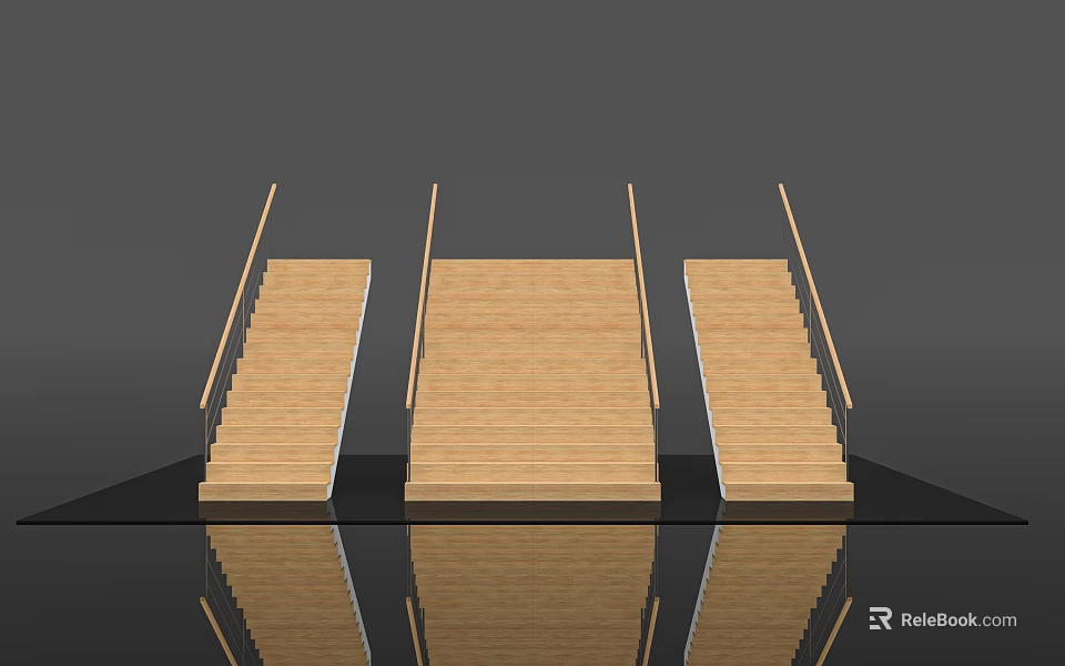 Three Modern Wooden Stairs With Handrails And Reflective Floor Design 3d model 