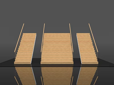 Three Modern Wooden Stairs With Handrails And Reflective Floor Design 3d model