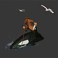 Pirate in Red Hat and Orange Outfit Riding Orca with Seagulls Flying and Water Splashes