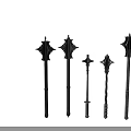 Long Handled Weapons With Various Metal Designs Displayed On Black Background 3d model