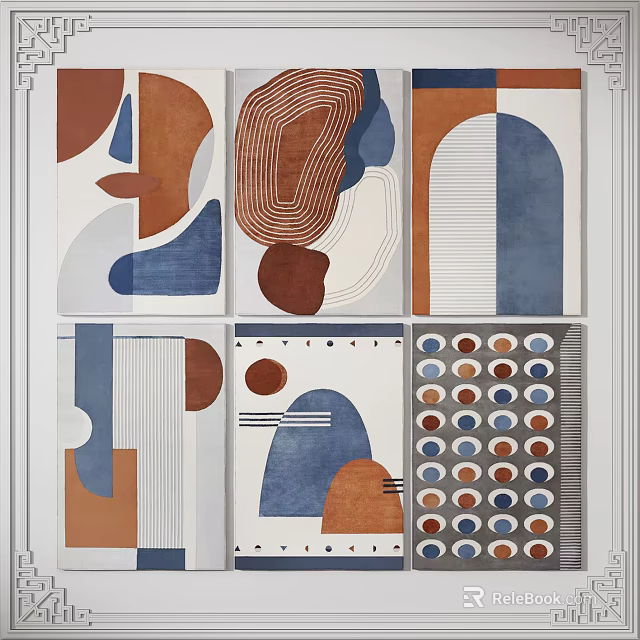 Square Rugs Featuring Modern Geometric Patterns In Brown Blue And White Tones 3d model