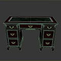 Chinese Style Dark Red Wooden Desk With Green Tabletop And Metal Decorations