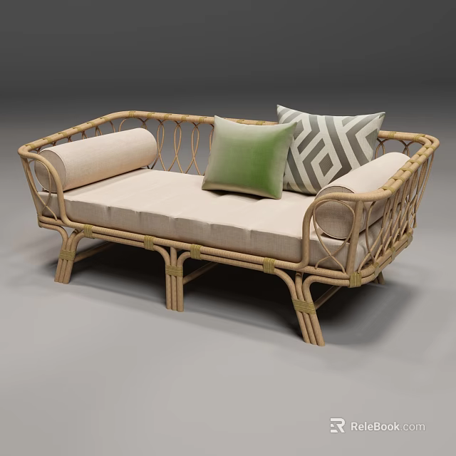 Cozy Wicker Sofa with Beige Cushions and Green Geometric Pattern Pillows 3d model 