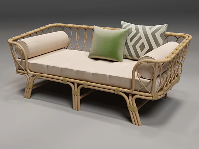 Cozy Wicker Sofa with Beige Cushions and Green Geometric Pattern Pillows 3d model
