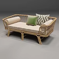 Cozy Wicker Sofa with Beige Cushions and Green Geometric Pattern Pillows